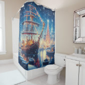 Kerstmis/Winter aangemeerd schip Douchegordijn (In situ)