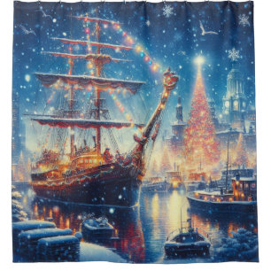 Kerstmis/Winter aangemeerd schip Douchegordijn