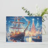 Kerstmis/Winter aangemeerd schip Feestdagenkaart (Staand voorkant)