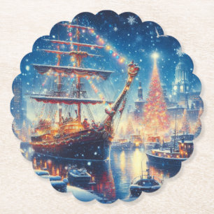 Kerstmis/Winter aangemeerd schip Kartonnen Onderzetters