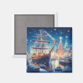 Kerstmis/Winter aangemeerd schip Magneet (Voorkant / Achterkant)