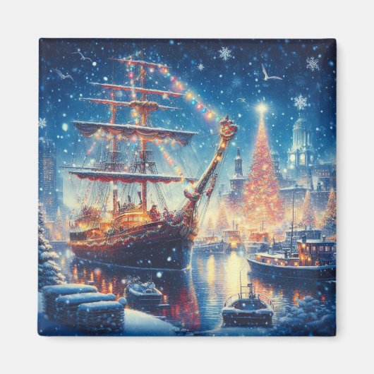 Kerstmis/Winter aangemeerd schip Magneet (Voorkant)