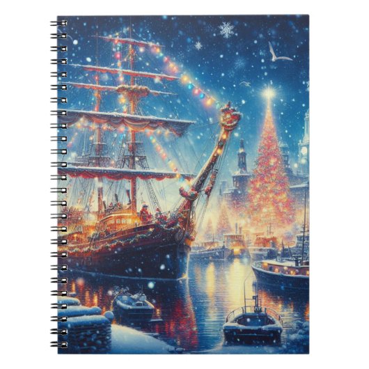 Kerstmis/Winter aangemeerd schip Notitieboek (Voorkant)