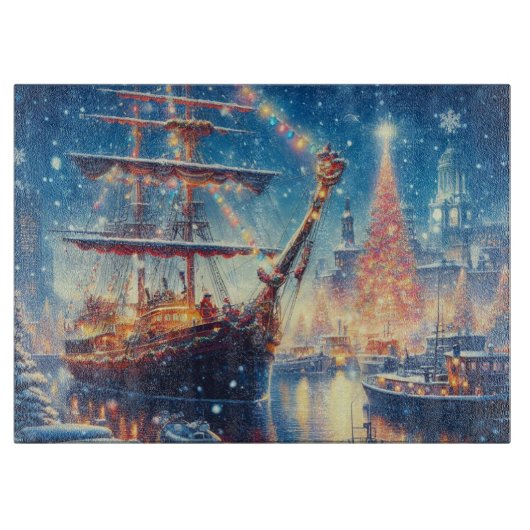 Kerstmis/Winter aangemeerd schip Snijplank (Voorkant)