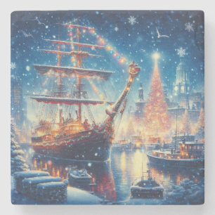 Kerstmis/Winter aangemeerd schip Stenen Onderzetter