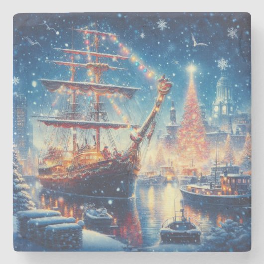 Kerstmis/Winter aangemeerd schip Stenen Onderzetter (Voorkant)