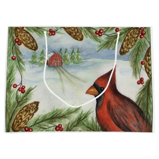 Kerstmis: Winter Bird Holiday Gift Bag Large Cadeautasje (Voorkant)