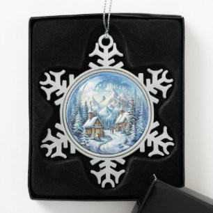 Kerstmis Winter Blokhut Landelijk Tin Sneeuwvlok Ornament