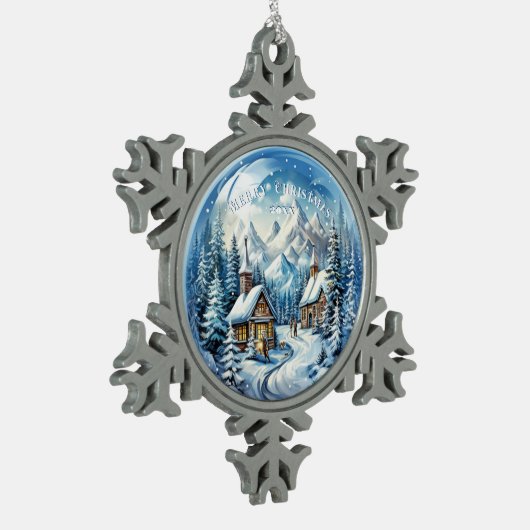 Kerstmis Winter Blokhut Landelijk Tin Sneeuwvlok Ornament (Links)