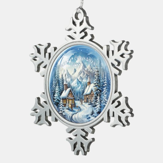 Kerstmis Winter Blokhut Landelijk Tin Sneeuwvlok Ornament (Rechts)