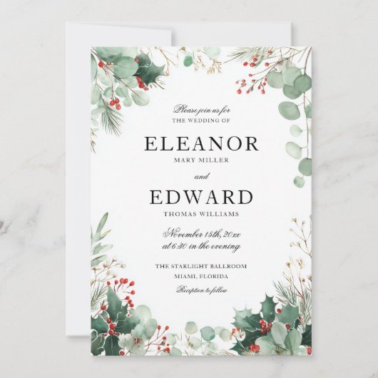 Kerstmis Winter Greenery bruiloft uitnodiging (Voorkant)