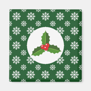 Kerstmis / Winter Holly Sneeuwvlokken Groen Magneet