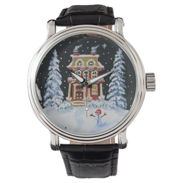 Kerstmis, winter, horloge, sneeuwman, huis, sneeuw horloge (Voorkant)