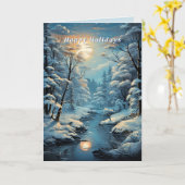 Kerstmis Winter Landelijk Bos Rivier Volle Maan  Kaart (Gele Bloem)