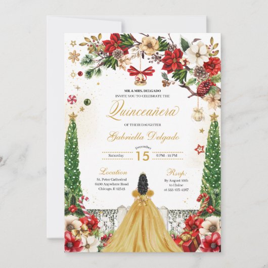 Kerstmis Winter Poinsettia Rood Goud Quinceanera Kaart (Voorkant)