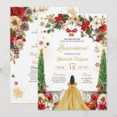 Kerstmis Winter Poinsettia Rood Goud Quinceanera Kaart (Voorkant / Achterkant)