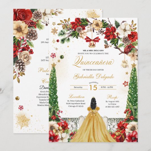 Kerstmis Winter Poinsettia Rood Goud Quinceanera Kaart (Voorkant / Achterkant)