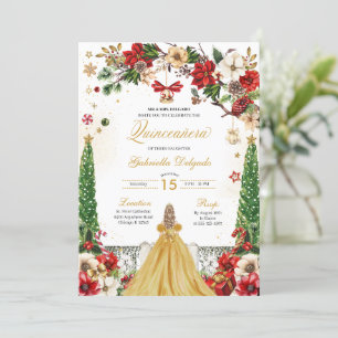Kerstmis Winter Poinsettia Rood Goud Quinceanera Kaart