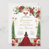 Kerstmis Winter Poinsettia Rood Goud Quinceanera Kaart (Voorkant)