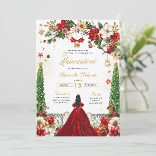 Kerstmis Winter Poinsettia Rood Goud Quinceanera Kaart (Staand voorkant)