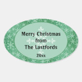 Kerstmis Winter Sneeuw Sneeuwvlokken Vallend Groen Ovale Sticker (Voorkant)
