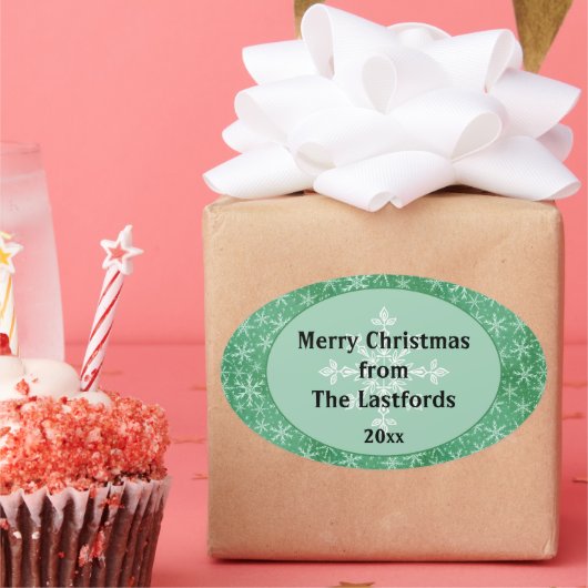 Kerstmis Winter Sneeuw Sneeuwvlokken Vallend Groen Ovale Sticker (Feest)