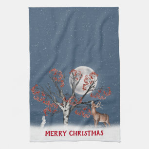 Kerstmis Winter Wilde Dieren En Maan Theedoek