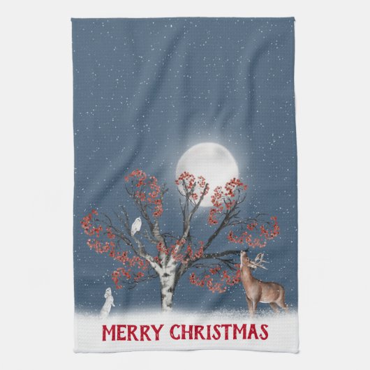 Kerstmis Winter Wilde Dieren met Maan Theedoek (Verticaal)