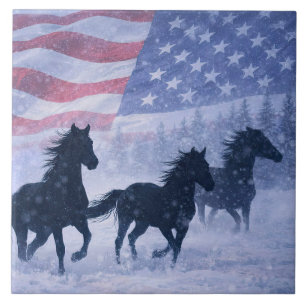 Kerstmis Winter Wilde Paarden Amerikaanse Vlag Tegeltje