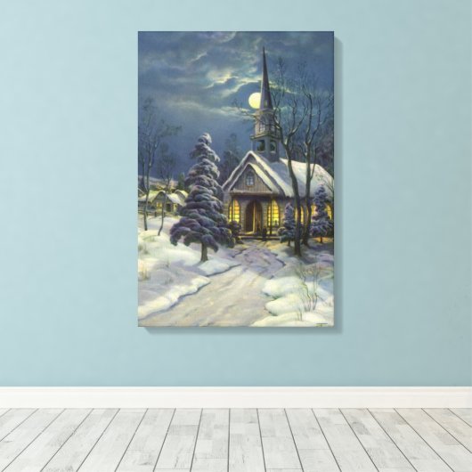 Kerstmis, winterkerk in sneeuw met maan canvas afdruk (Insitu (Houten vloer))