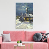 Kerstmis, winterkerk in sneeuw met maan canvas afdruk (Insitu (Woonkamer))