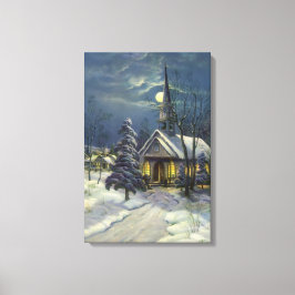 Kerstmis, winterkerk in sneeuw met maan canvas afdruk