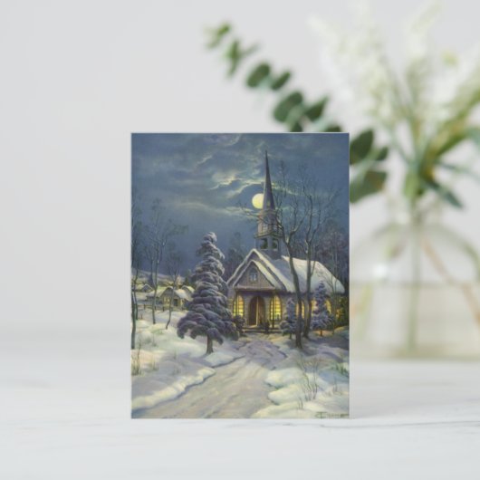 Kerstmis, winterkerk in sneeuw met maan feestdagenkaart (Staand voorkant)