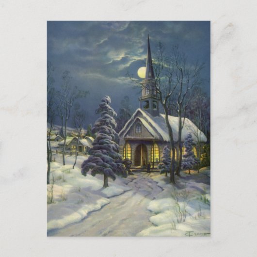 Kerstmis, winterkerk in sneeuw met maan feestdagenkaart (Voorkant)