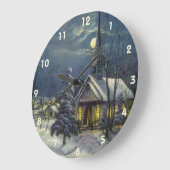 Kerstmis, winterkerk in sneeuw met maan grote klok (Hoek)