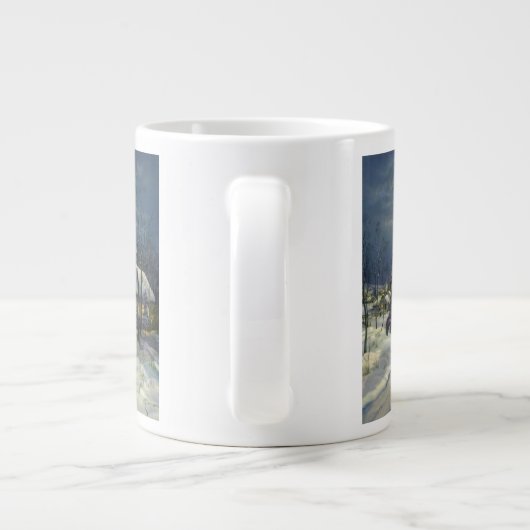 Kerstmis, winterkerk in sneeuw met maan grote koffiekop (Achterkant)