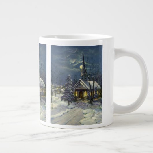 Kerstmis, winterkerk in sneeuw met maan grote koffiekop (Rechts)