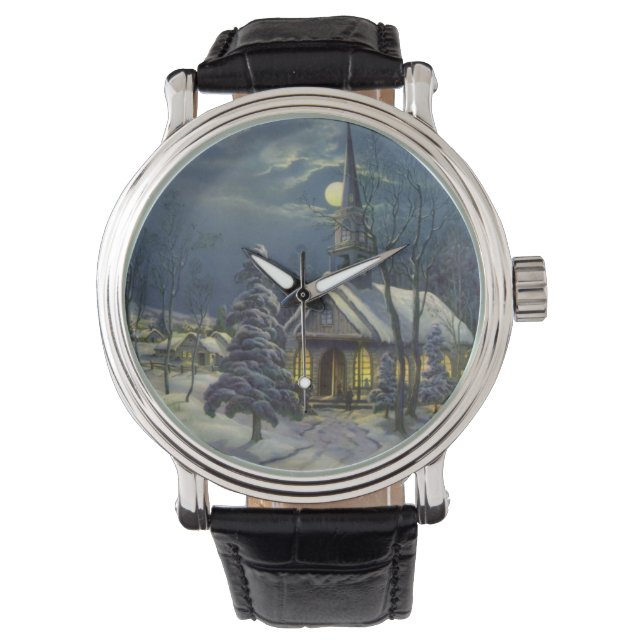 Kerstmis, winterkerk in sneeuw met maan horloge (Voorkant)