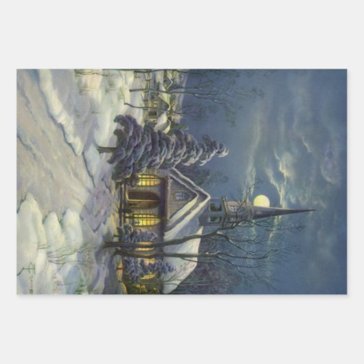 Kerstmis, winterkerk in sneeuw met maan inpakpapier vel (Voorkant 3)