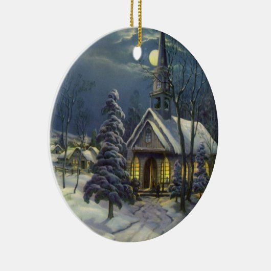 Kerstmis, winterkerk in sneeuw met maan keramisch ornament (Rechts)