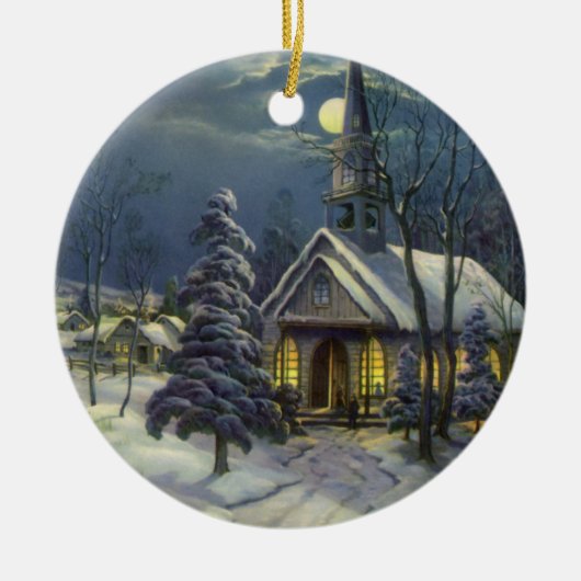 Kerstmis, winterkerk in sneeuw met maan keramisch ornament (Voorkant)