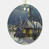 Kerstmis, winterkerk in sneeuw met maan keramisch ornament (Links)