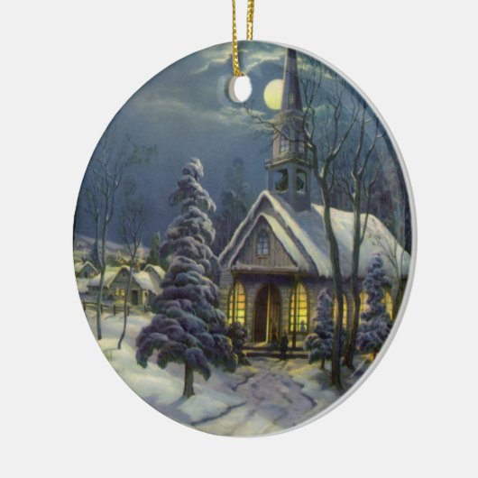 Kerstmis, winterkerk in sneeuw met maan keramisch ornament (Links)