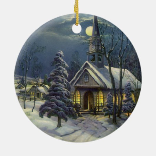 Kerstmis, winterkerk in sneeuw met maan keramisch ornament (Achterkant)