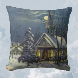 Kerstmis, winterkerk in sneeuw met maan kussen