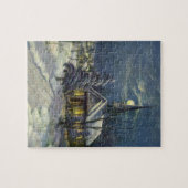 Kerstmis, winterkerk in sneeuw met maan legpuzzel (Horizontaal)