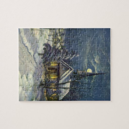 Kerstmis, winterkerk in sneeuw met maan legpuzzel (Horizontaal)