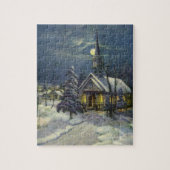 Kerstmis, winterkerk in sneeuw met maan legpuzzel (Verticaal)