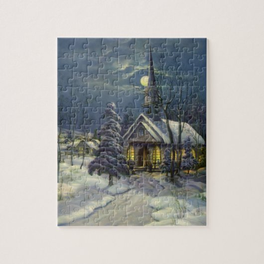 Kerstmis, winterkerk in sneeuw met maan legpuzzel (Verticaal)