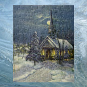 Kerstmis, winterkerk in sneeuw met maan legpuzzel